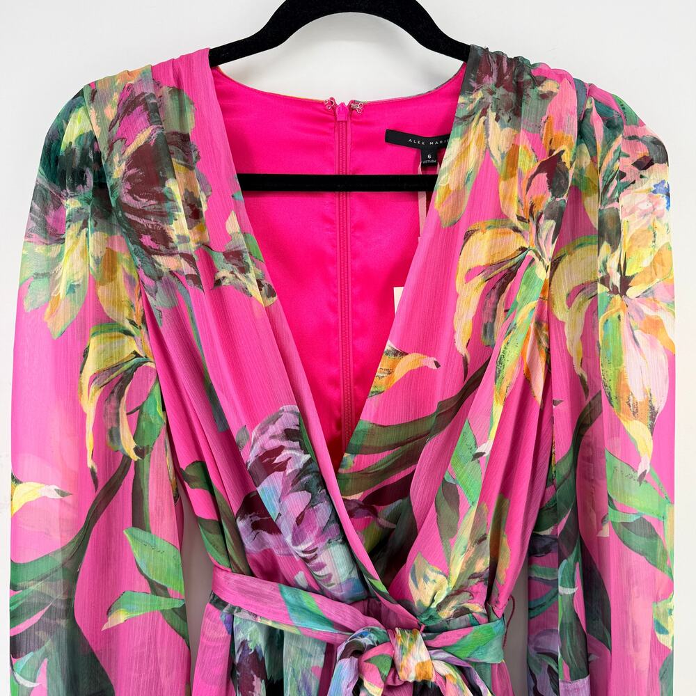 Alex Marie Laurel Chiffon Floral Wrap Dress Pink Fandango Womens Size 4 Belted - Picture 4 of 10